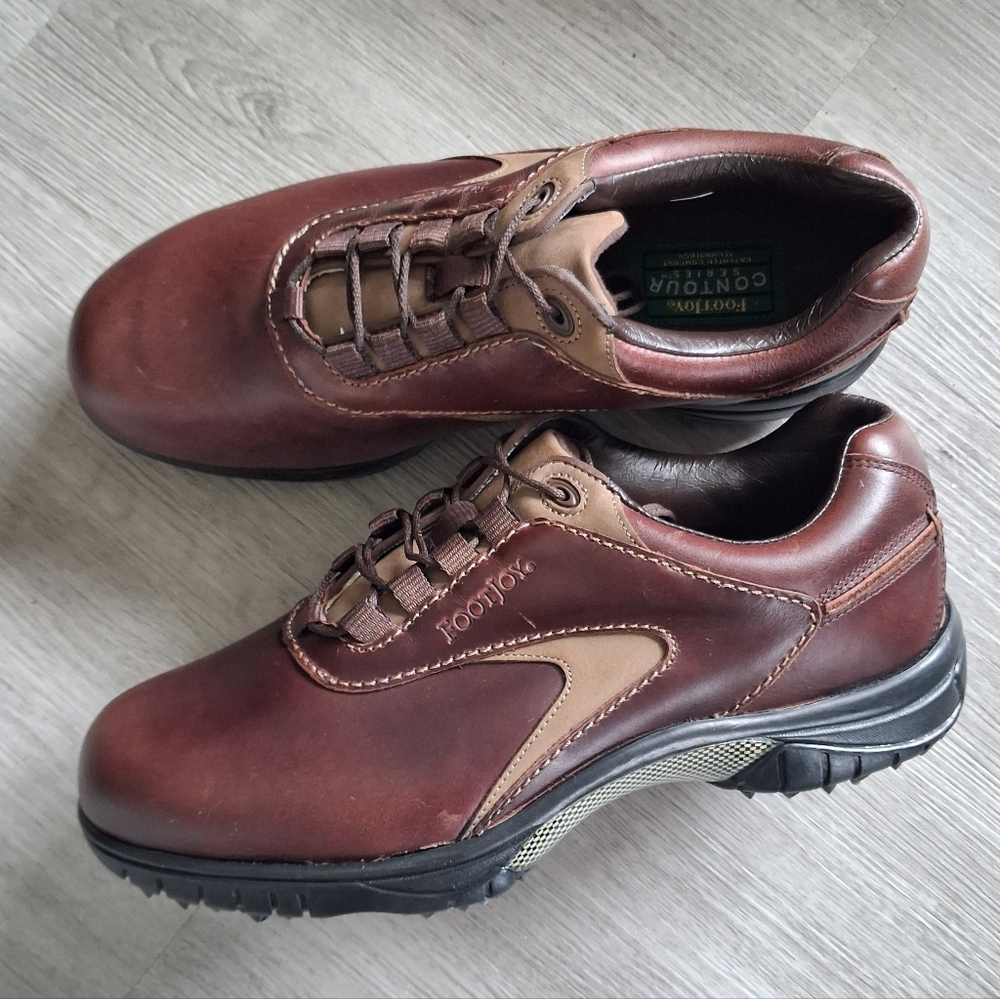 🆕Footjoy FJ Men's Contour Series Size 7.5 Wide Golf Shoes Brown Leather 54296